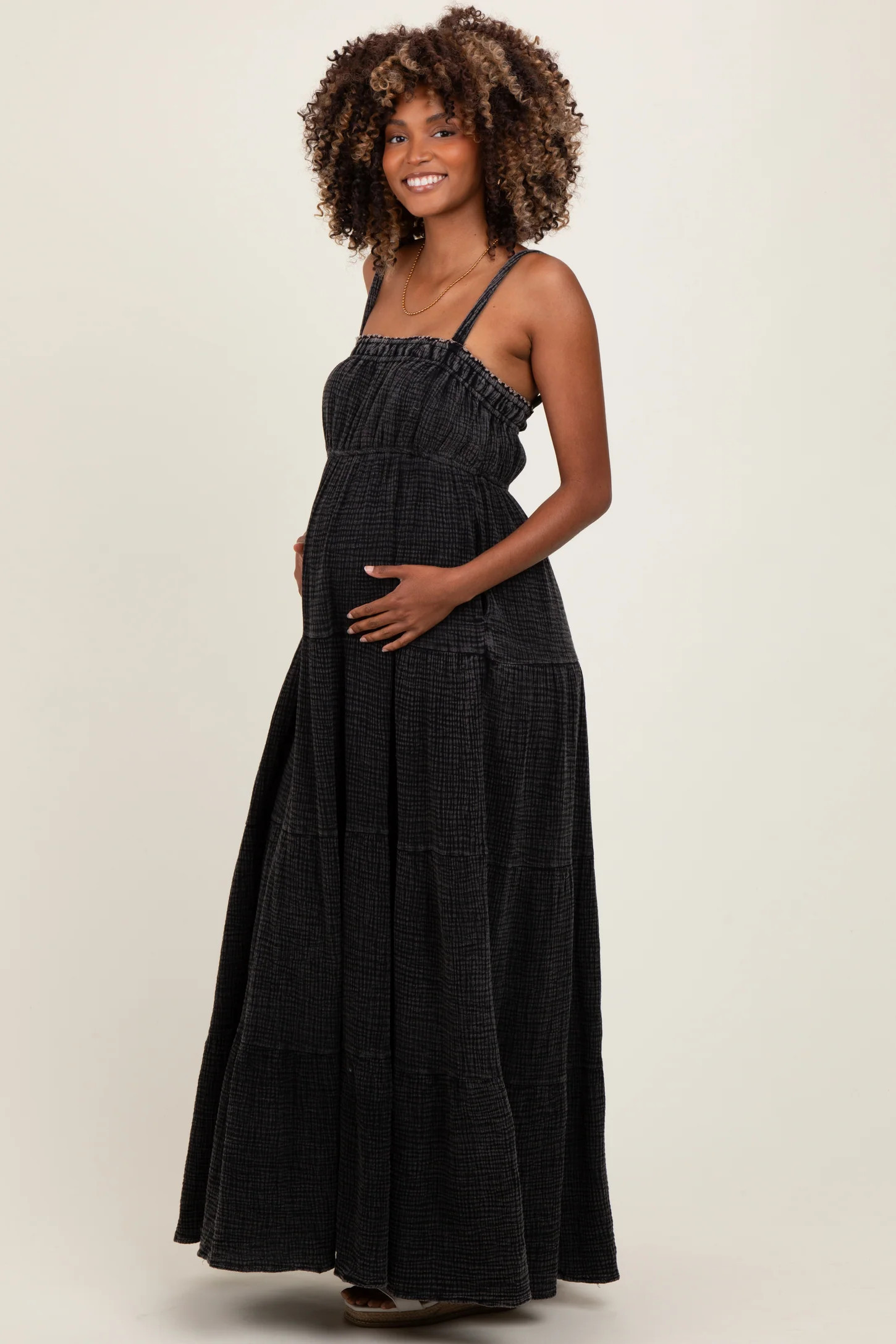 Black Tiered Sleeveless Maternity Maxi Dress | PinkBlush Maternity