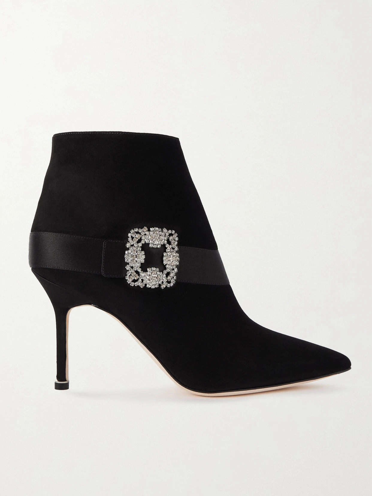 Manolo Blahnik - Plinianu 90 Crystal-embellished Satin-trimmed Suede Ankle Boots - Black | NET-A-PORTER (US)