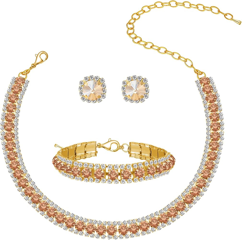 Women Rhinestone Crystal Jewelry Set Crystal Tennis Design Rhinestone Choker Necklace Link Bracel... | Amazon (US)