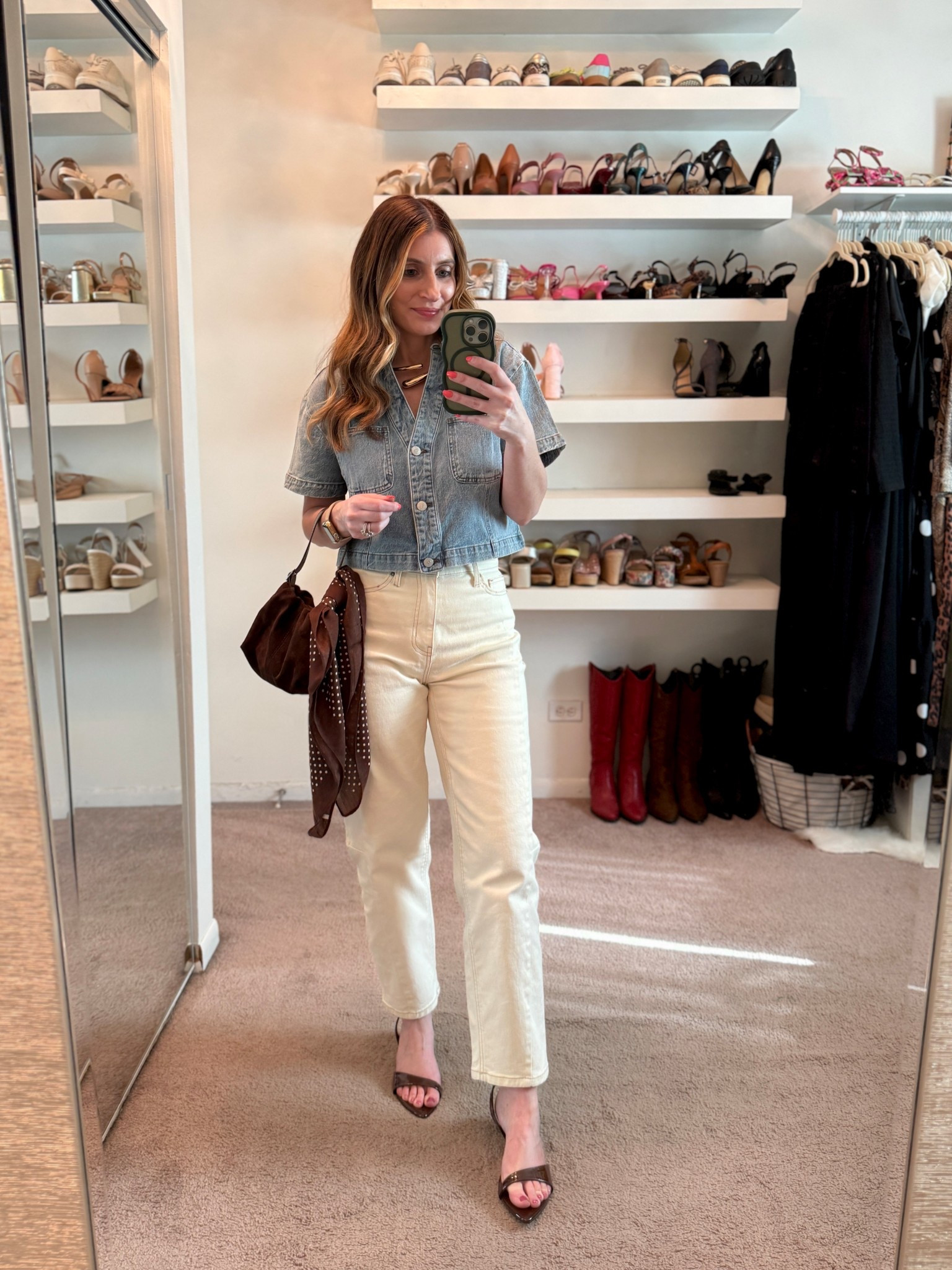 Casual spring date night outfit 
Cropped denim top (size small)
Off white barrel leg jeans (size 2)
Brown kitten heels
Brown polka dot scarf 

Easy spring outfit, petite outfit, summer outfit, casual outfit, date night outfit, scarf styling gold jewelry 

#LTKSeasonal #LTKootd #LTKOver40