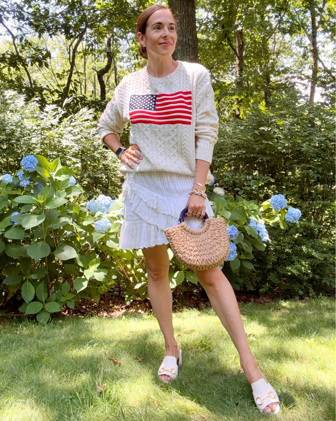 Coastal New England Summers are what I wait all year for! Loving the USA cable sweater for an amazing price, an older LoveShack fancy closet staple lace mini skirt and a great pair of wedges and a straw bag scream New England summer - and in front of my blue hydrangeas of course! The whole Americana look, all linked to shop here! 🪻🌸🌊🐚

#LTKSaleAlert #LTKootd #LTKSeasonal