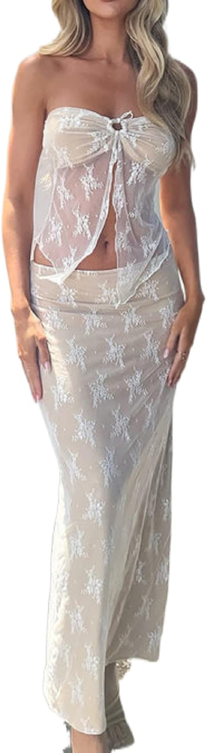 2 Piece Maxi Skirt Set for Women Lace Up Back Tank Tops Tie Up High Waist Long Skirt Crochet Knit Ma | Amazon (US)