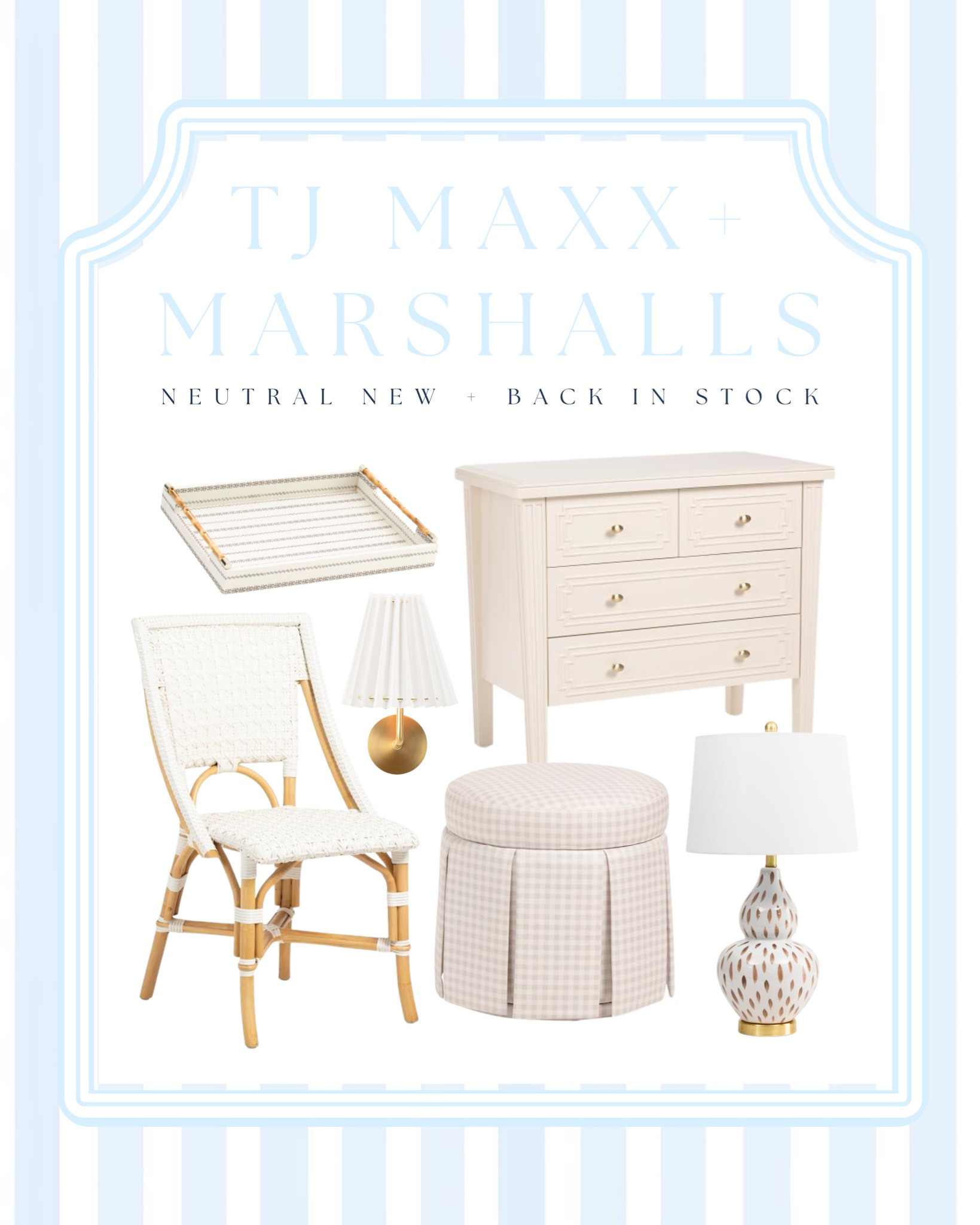 Instagram Collage Post 9/17 ✨🪑💡 
New designer inspired home arrivals from TJ Maxx & Marshalls

1 • Spotting so many beautiful neutral pieces right now-from rattan bistro chairs to classic cream storage pieces, gingham pleated storage ottomans, bamboo handle woven trays, and timeless ceramic table lamps 
2 • Lillian August lamps are back in a new color! These lamps have that elevated designer look for less with the beautiful ceramic double-gourd shape, patterned finish, gold accents, and classic white linen shade. They look SO much more expensive than they are
3 • If you're looking for coastal counter stools that look designer without the designer price tag, add these to your list! I found these beautiful rattan, cane, scalloped detail, and light blue painted counter stools that would be perfect for a modern coastal, coastal, grandmillennial, or Hamptons inspired kitchen 🪑

Free Shipping with code: SHIP89 📦 

@TJ Maxx @Marshalls

#LTKHome #LTKSeasonal #LTKSaleAlert