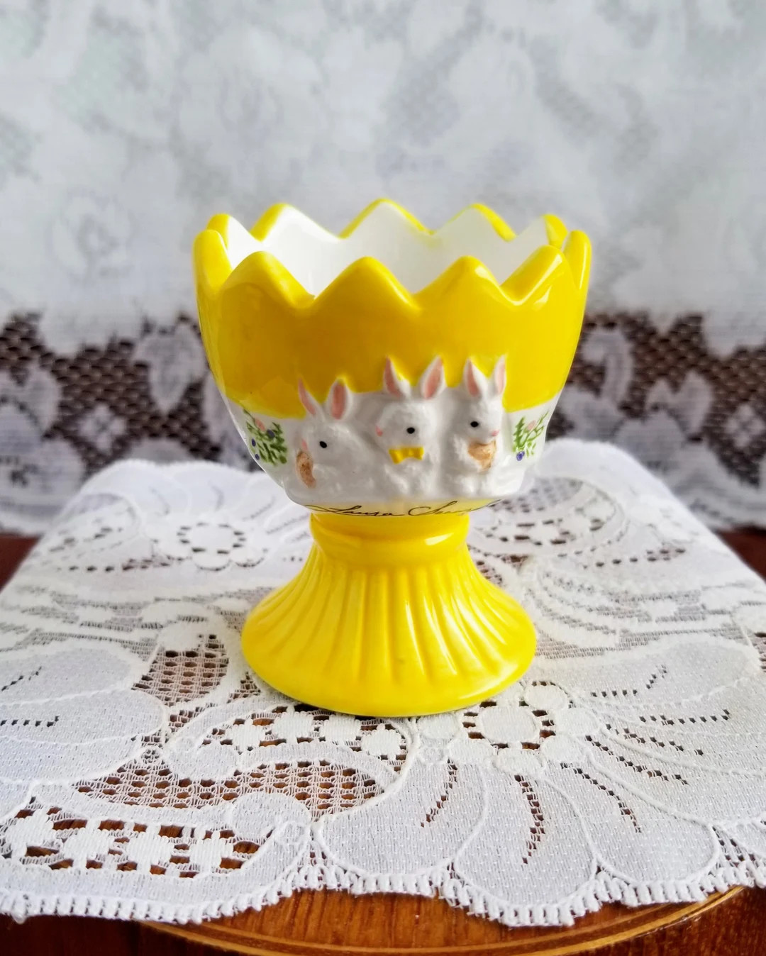 Easter Vintage Laura Secord Bright Yellow, Cracked Egg Shaped Egg Cup, With Cute Bunnies - Writte... | Etsy (US)