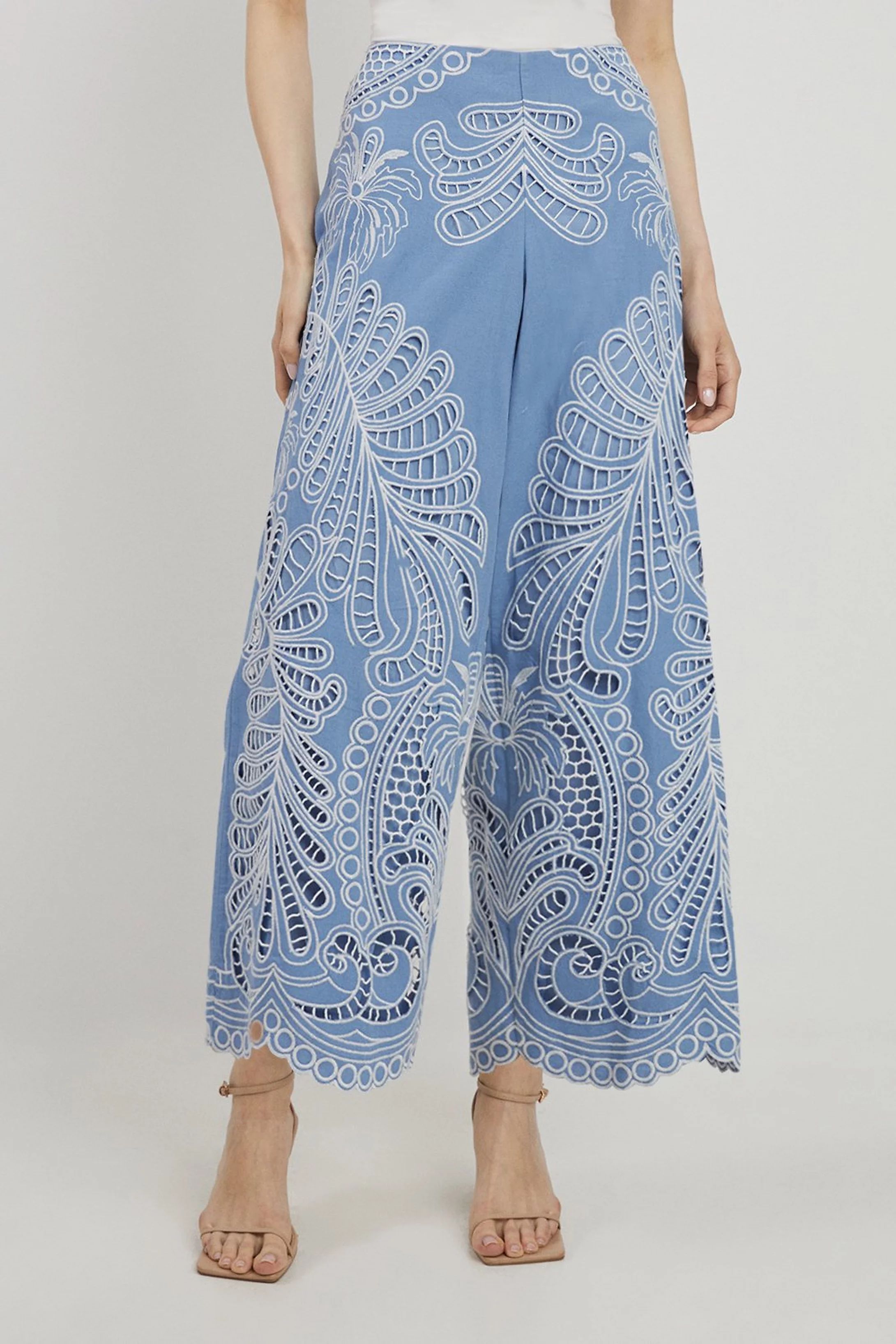 Linen Cutwork Embroidery Woven Pants | Karen Millen US