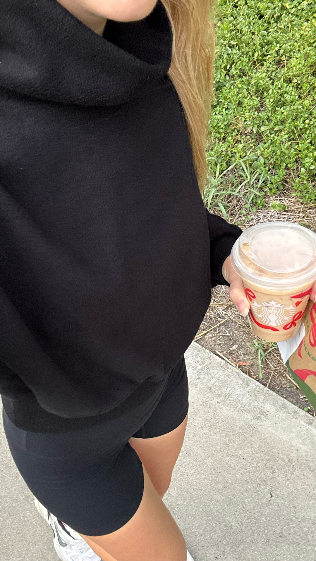 Starbucks run for an iced sugar cookie latte in all back! Wearing my old navy fleece mock neck that’s 40% off right now and somebody + my buttery CRZ yoga shorts with no front seam! I’m a size small in the fleece and an XS in the shorts 🫶🏼 

#LTKHoliday #LTKmorningroutine #LTKdayinmylife