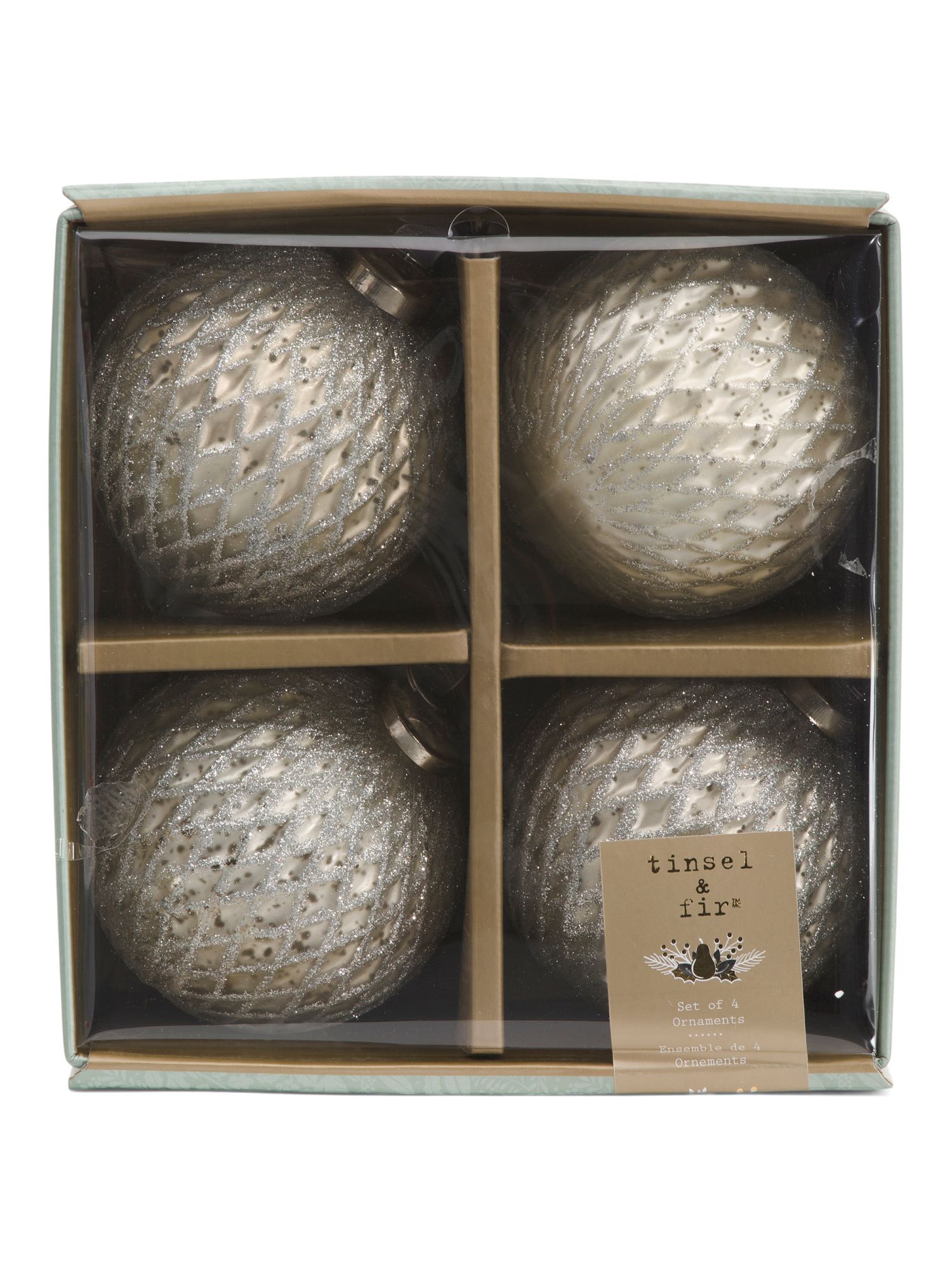 Set Of Four 4in Ornaments With Glitter | TJ Maxx
