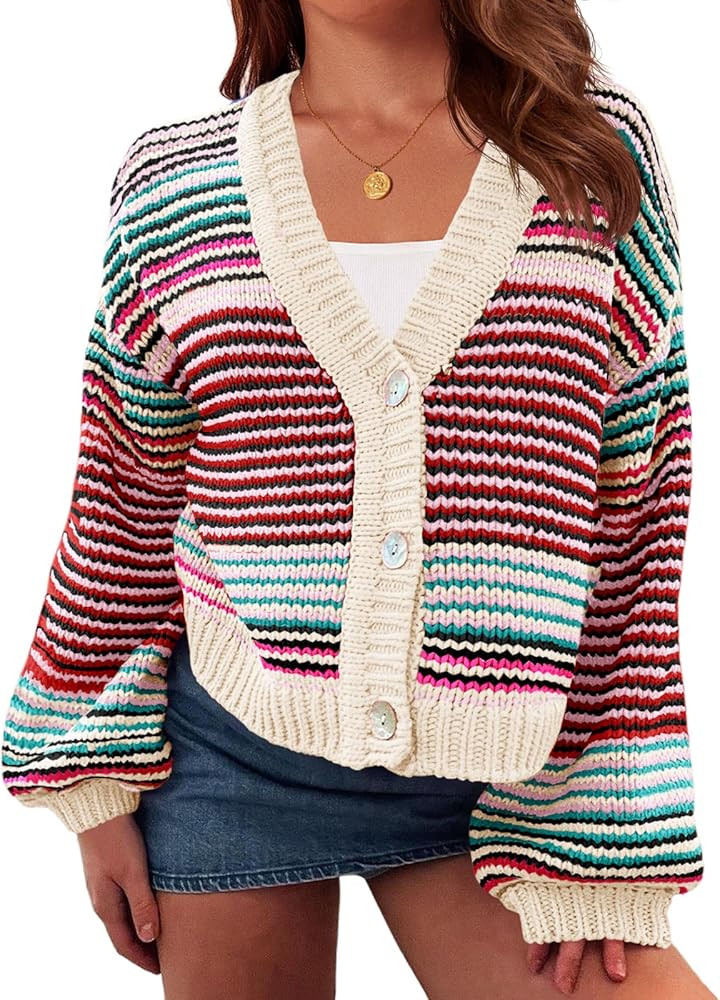 Saodimallsu Womens Striped Cardigan Sweaters Oversized Puff Sleeve Button Up V Neck Color Block K... | Amazon (US)