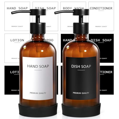 RYTOXILO Amber Glass Soap Dispenser 2 Pack, Hand Soap Dispenser Bathroom with Stainless Steel Pump, 16 Oz Hand and Dish Soap Dispenser Set Kitchen, Modern Brown Soap Lotion Dispensers Bottle | Amazon (US)