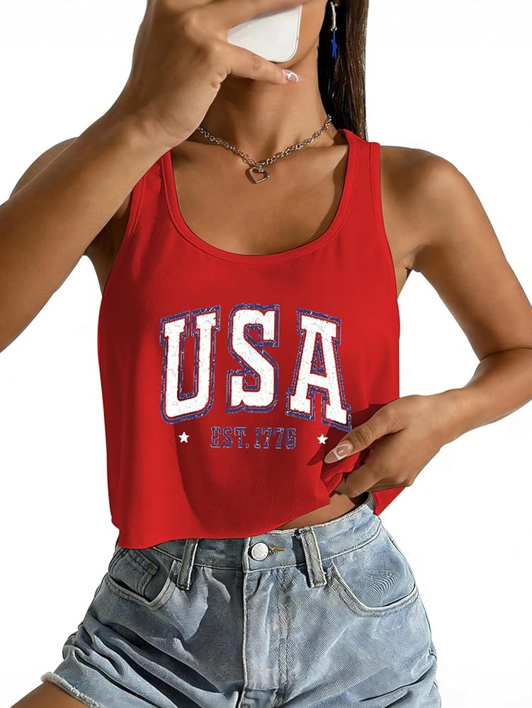 Women's Sexy American Flag Crop Tank 4th of July Patriotic Sleeveless Tee Tops | Amazon (US)