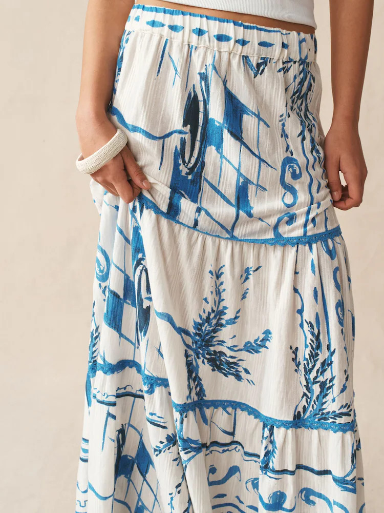 White/Blue Greek Print Cotton Tiered Maxi Skirt | Next US