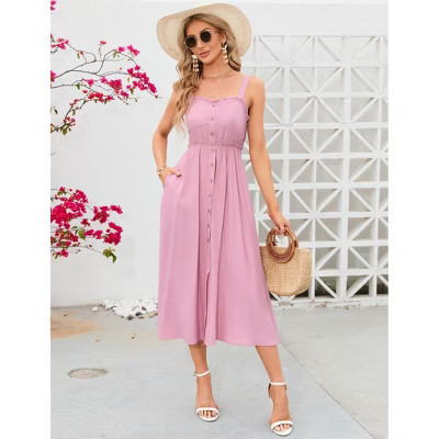 Womens Summer Dress Strap A-Line Drees High Waist Sundress Front Button Ruffle Trim Detail, pink - S | Target
