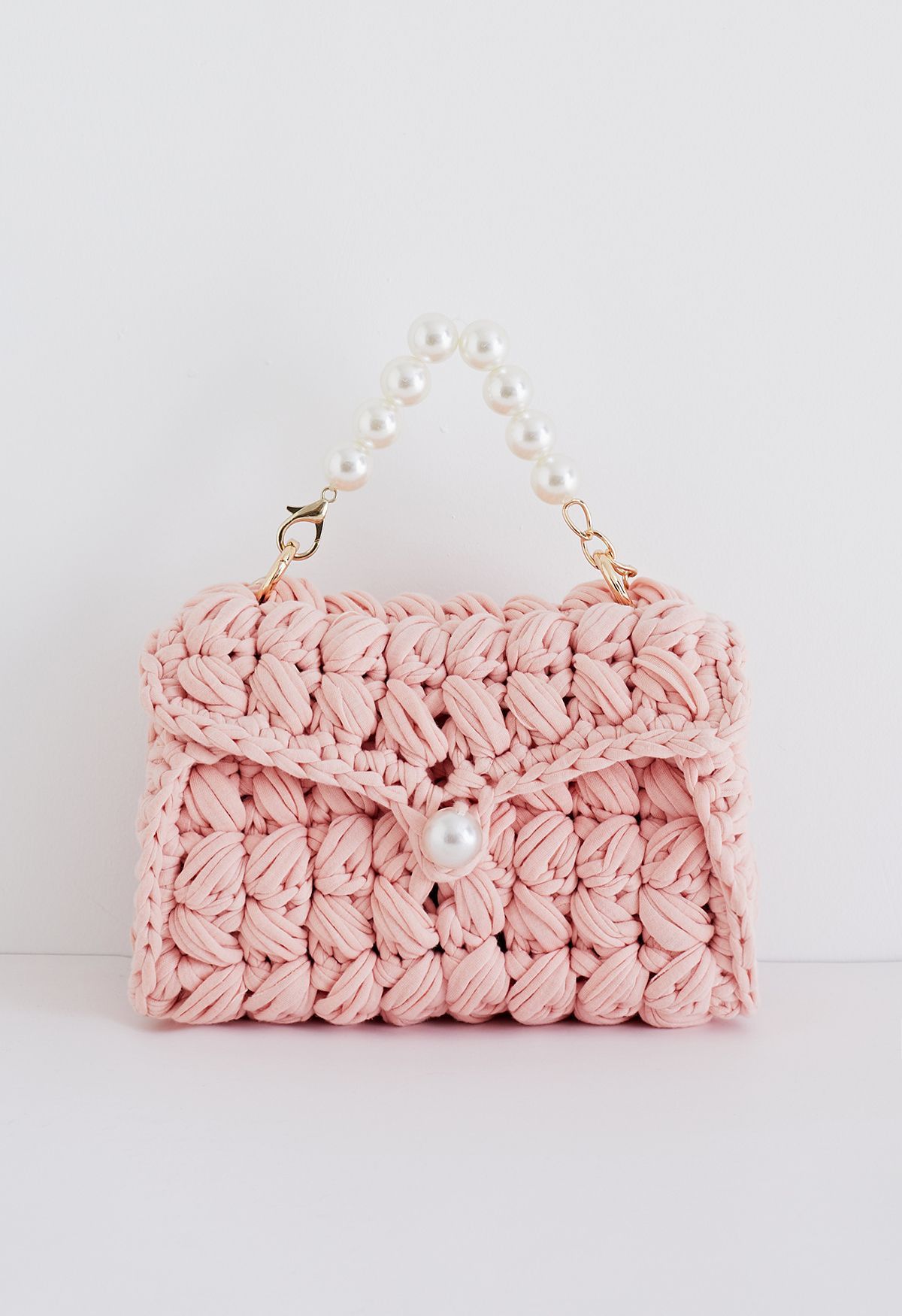 Pearl Chain Braided Chunky Knit Mini Bag in Pink | Chicwish
