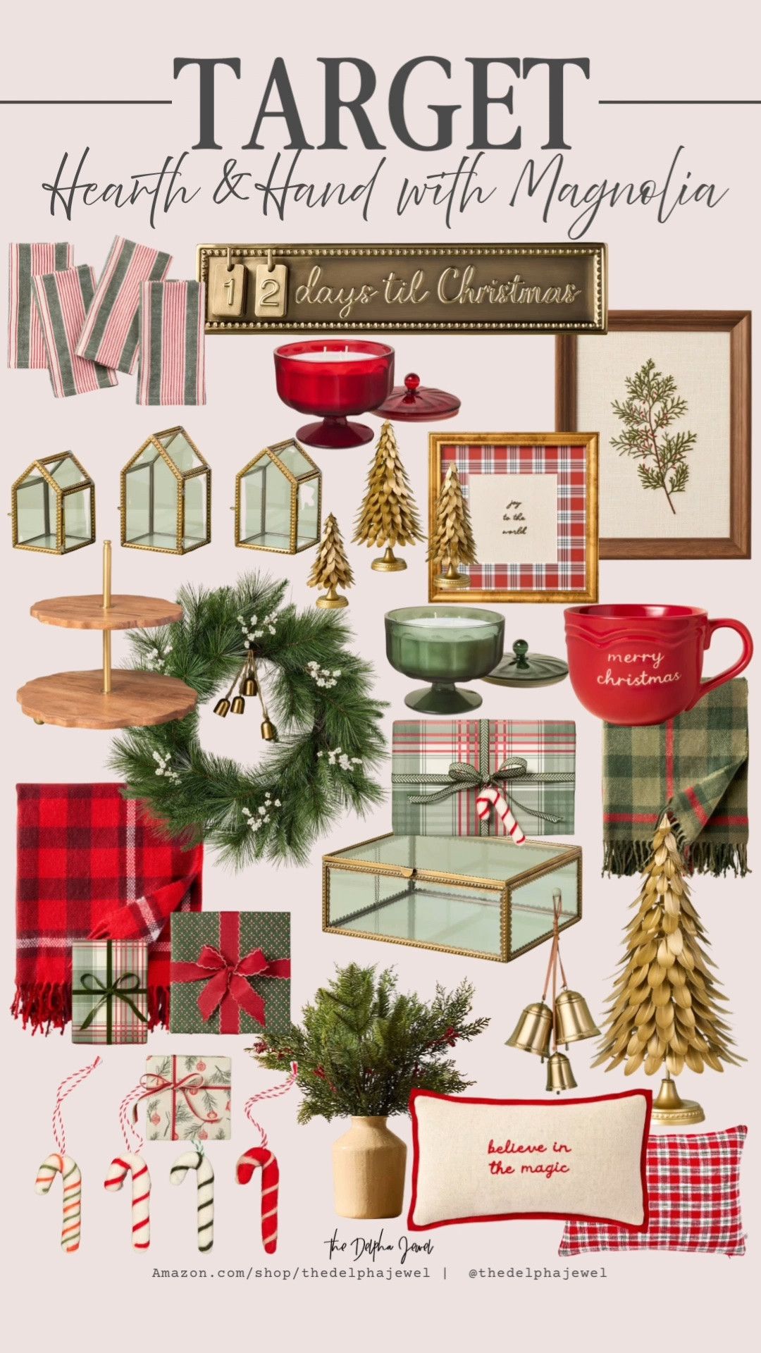 @Target  Hearth & Hand with Magnolia - Holiday is HERE! 🎄❤️
The new Christmas collection just dropped and it's so good! Think cozy traditional meets modern farmhouse - red & green plaid, brass & gold details, vintage-inspired glass houses, and all the little touches that make the holidays magical.

Obsessed with:
✨ the "12 days til Christmas" countdown sign
✨ red & green pedestal candles with lids
✨ gold brass mini trees
✨ plaid frames & evergreen art prints
✨ that wreath with bells + striped napkins
✨ Merry Christmas mug + plaid throws
This collection will sell out - especially the brass houses and the throw blankets! Perfect for creating that cozy, collected Christmas look.

target hearth and hand christmas, hearth and hand with magnolia holiday, target christmas decor 2026, brass christmas trees target, target holiday collection

#LTKSeasonal #LTKHome