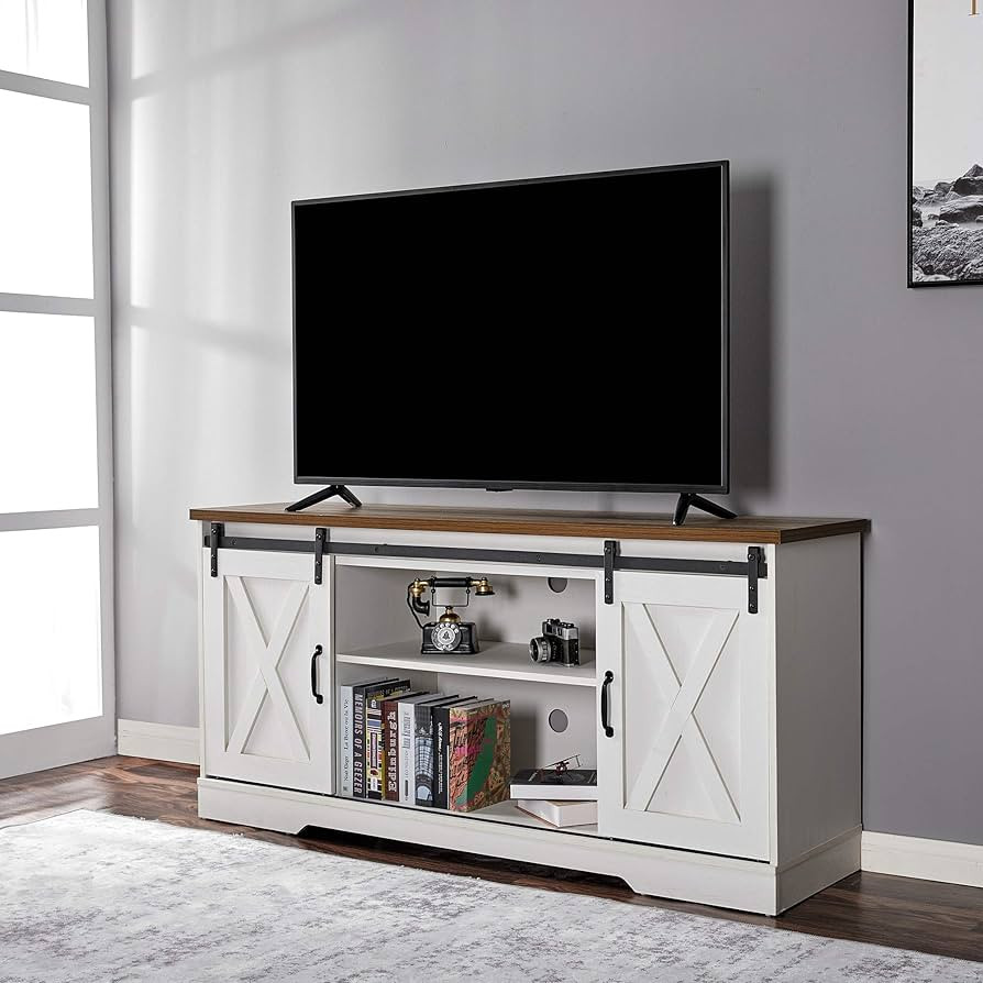 AMERLIFE TV Stand Sliding Barn Door Modern&Farmhouse Wood Entertainment Center, Storage Cabinet T... | Amazon (US)