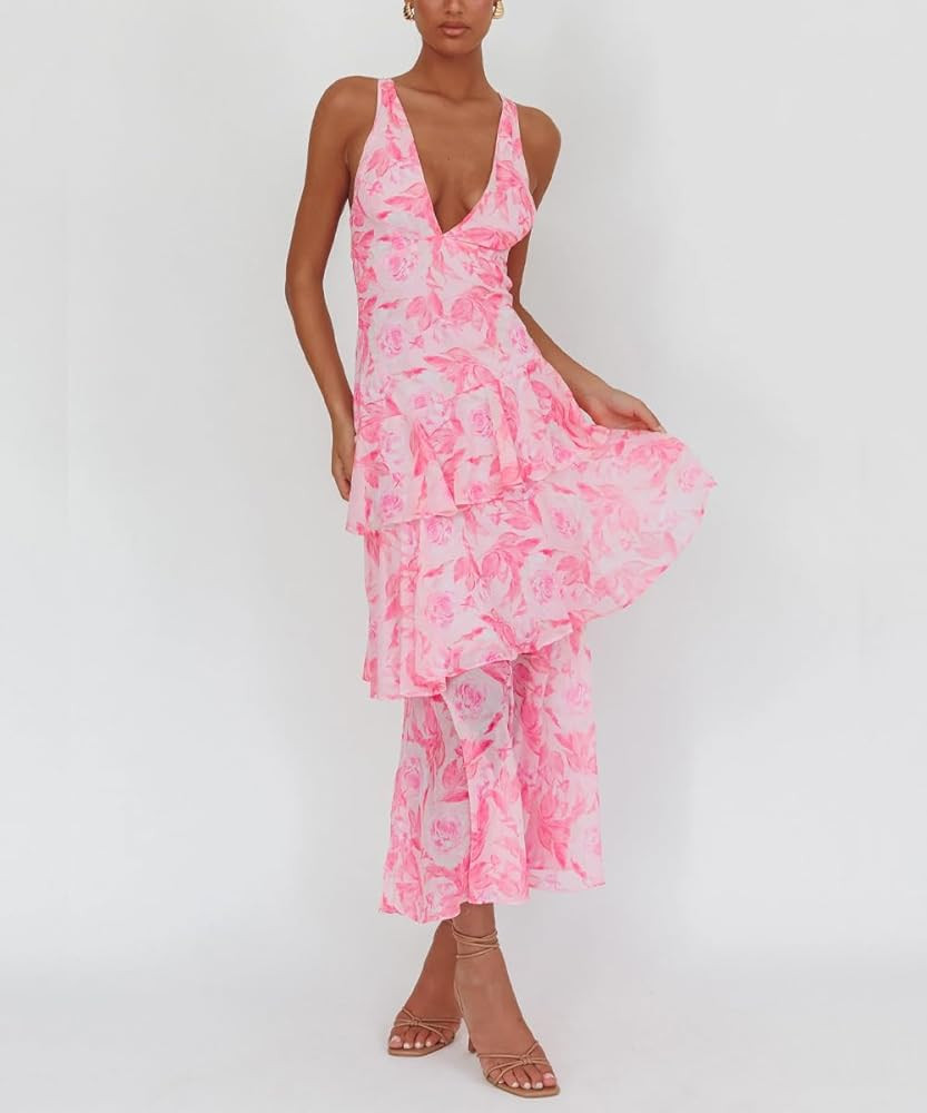 Women's Floral Maxi Dress Sexy Deep V Neck Backless Ruffles Dresses Beach Party Wedding Guest Dre... | Amazon (US)