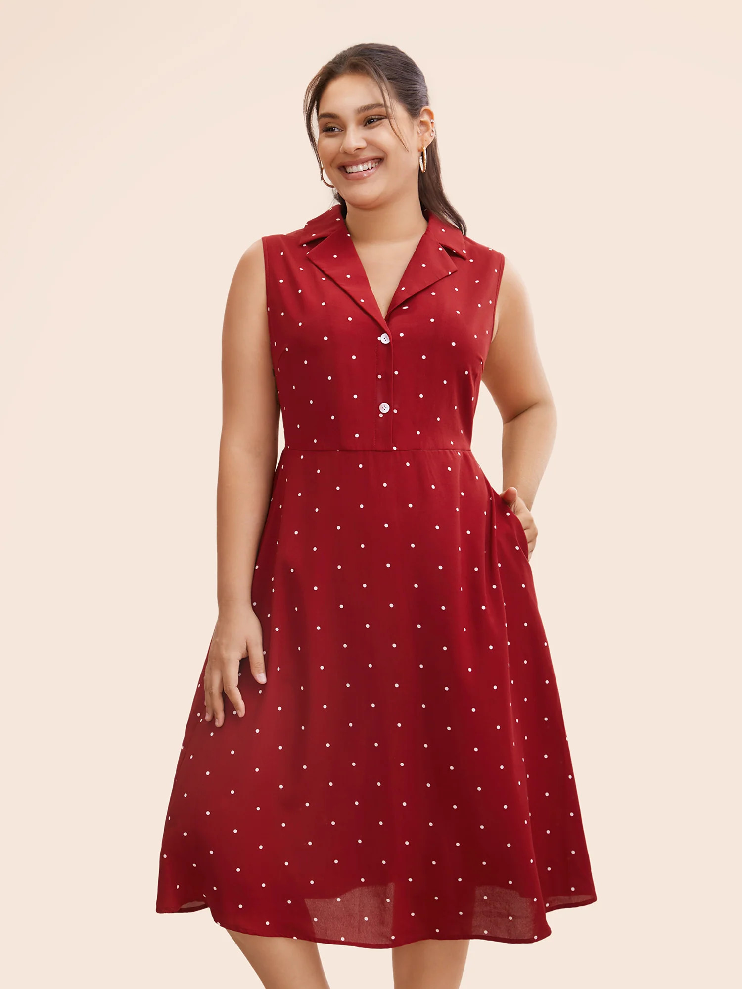 Polka Dot Suit Collar Button Detail Midi Dress | Bloomchic