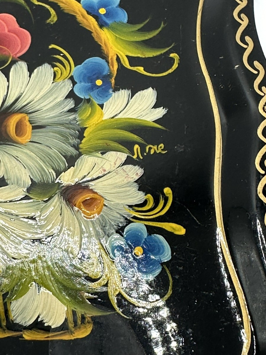 Vintage Metal Tray Hand Painted Toile Flowers Black Cottage Core Chic Signed | eBay US