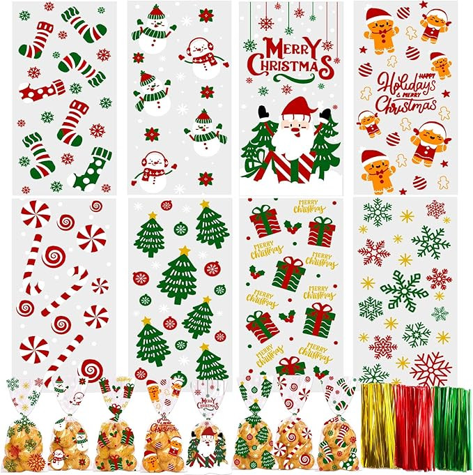 YUJUN 160 PCS Christmas Cellophane Treat Bags,Santa Claus Goodie Candy Xmas Clear Cello Bags Twis... | Amazon (US)
