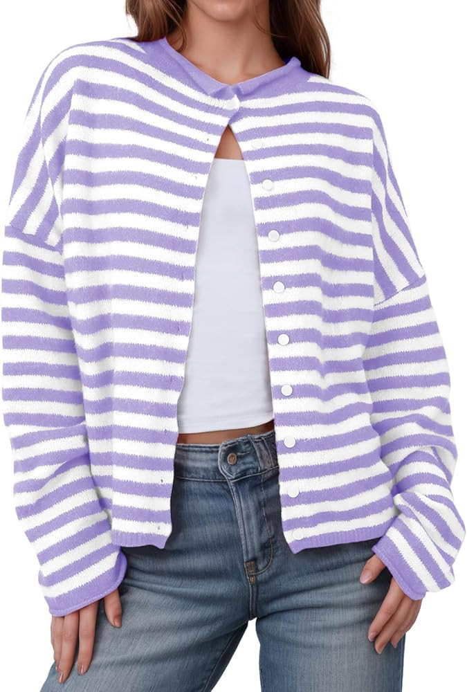 Saodimallsu Womens Striped Cardigan Casual Long Sleeve Open Front Button Down Loose Knit Lightwei... | Amazon (US)