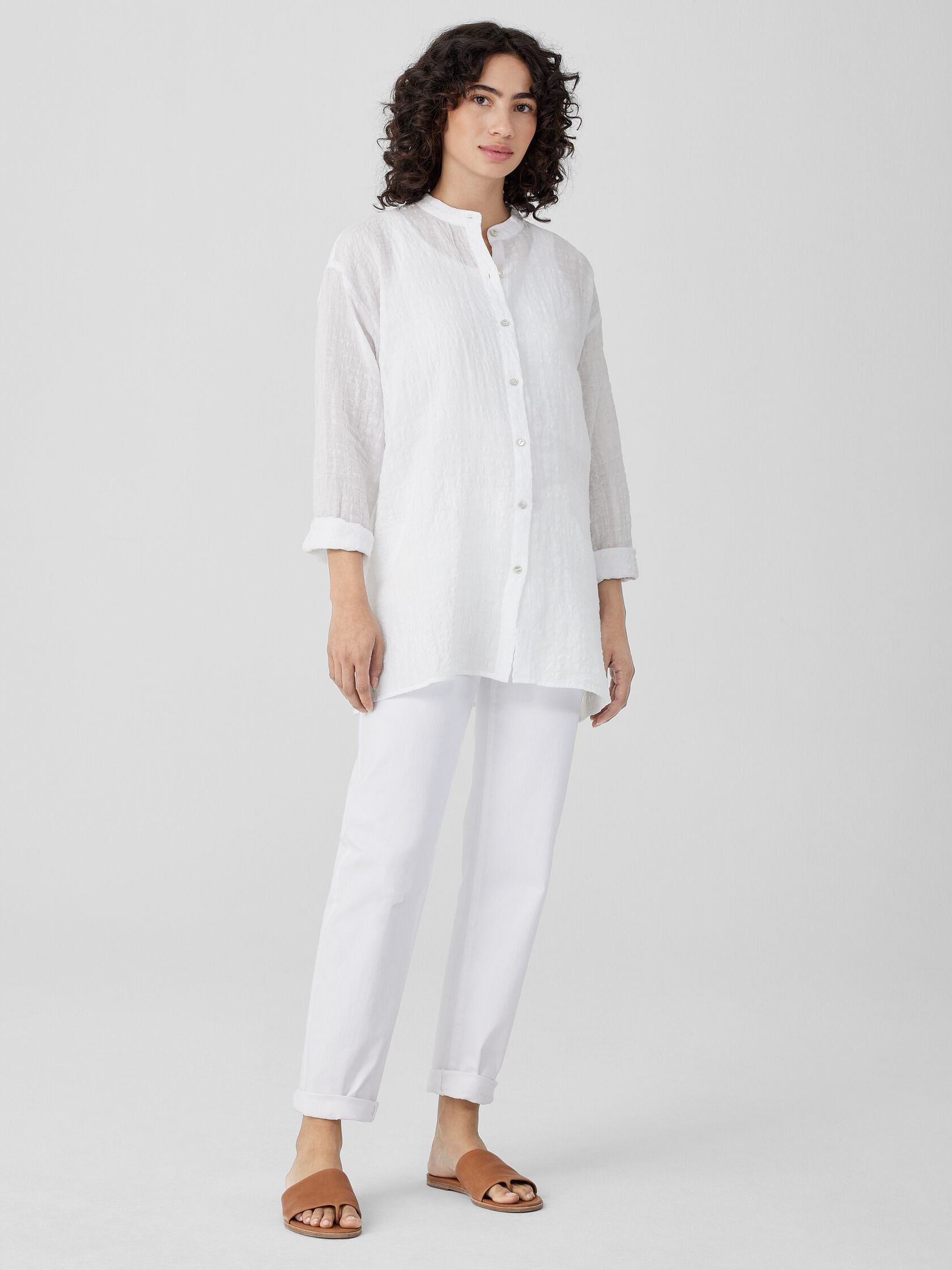 Linen Cotton Sheer Check Mandarin Collar Shirt | Eileen Fisher