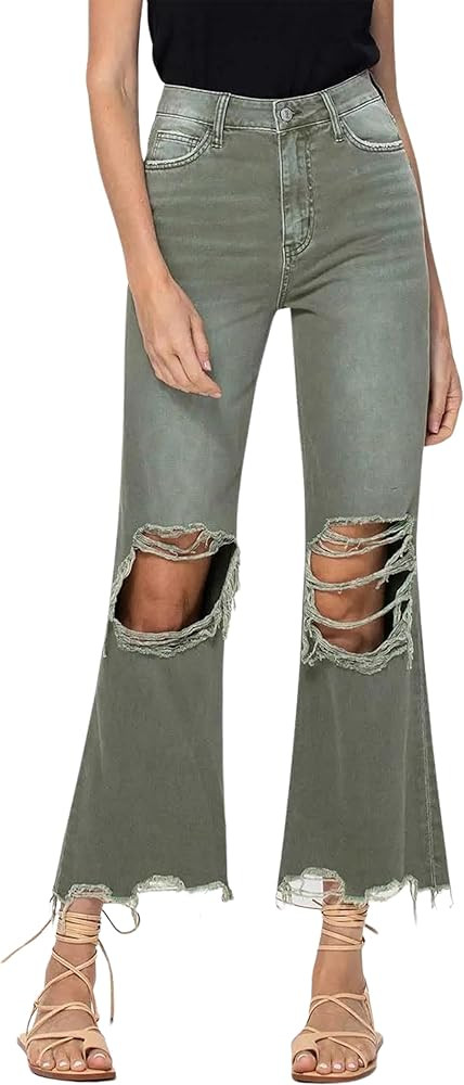 VERVET by Flying Monkey Distressed Cropped Flare Jeans Olive High-Waist | Amazon (US)