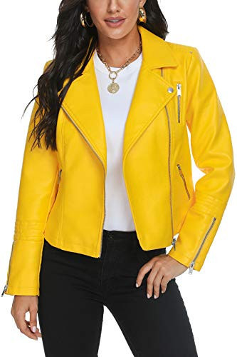 Fahsyee Women's Yellow Leather Jackets, Faux Motorcycle Bomber Moto Biker Plus Size Coat Short Lightweight Vegan Pleather Fashion L | Amazon (US)