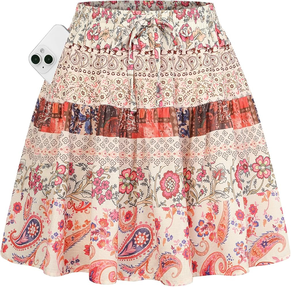 Kate Kasin Women's Boho Mini Skort with Pockets, Summer Floral Skirts with Shorts, Beach Vacation... | Amazon (US)
