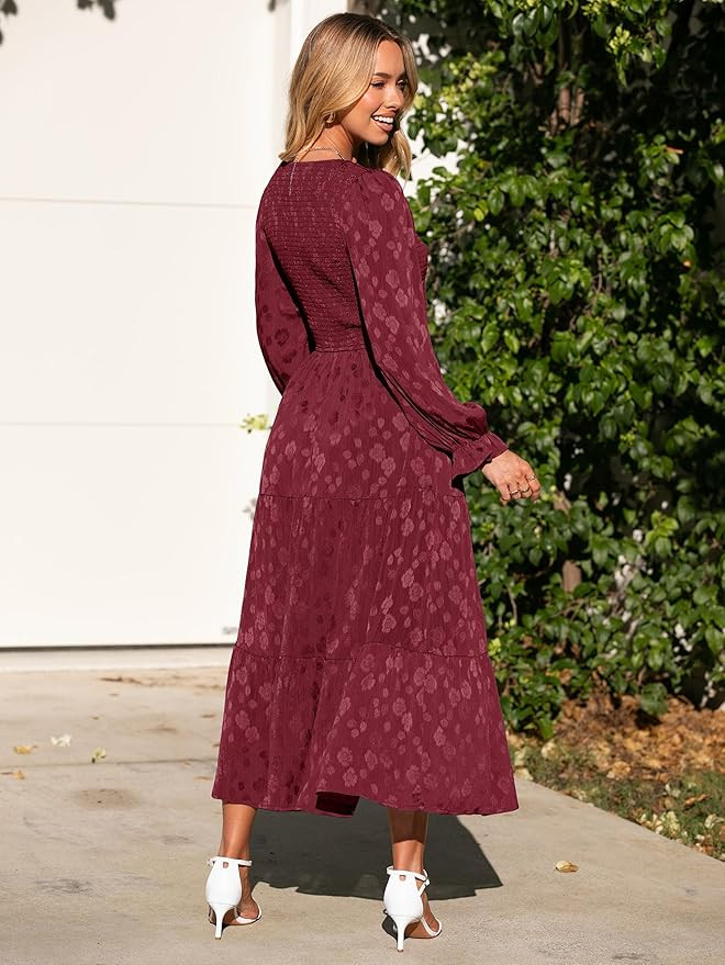 Simplee Womens Long Sleeve Smocked Maxi Dress Tiered V Neck Flowy Fall Wedding Guest Long Dresses... | Amazon (US)