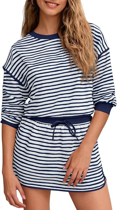 Amazon.com: Fisoew Womens Striped 2 Piece Outfits Crewneck Workout Sets High Waist Skort Set Long... | Amazon (US)