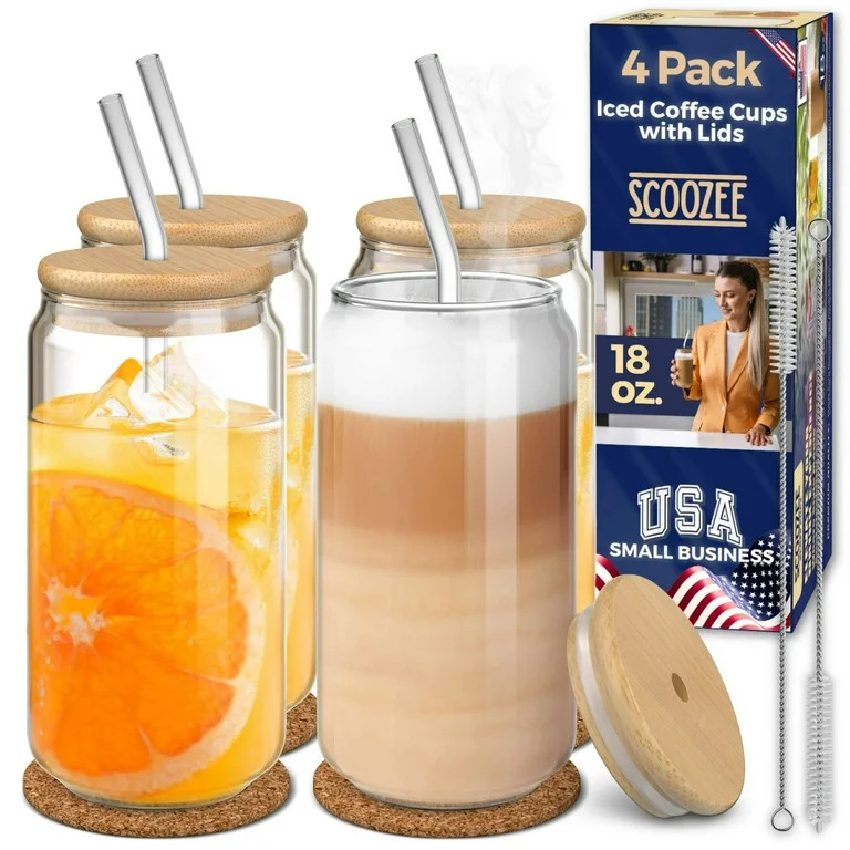 Scoozee 18 oz Drinking Glasses Set of 4 with Bamboo Lids & Glass Straws – Perfect for Iced Coff... | Walmart (US)