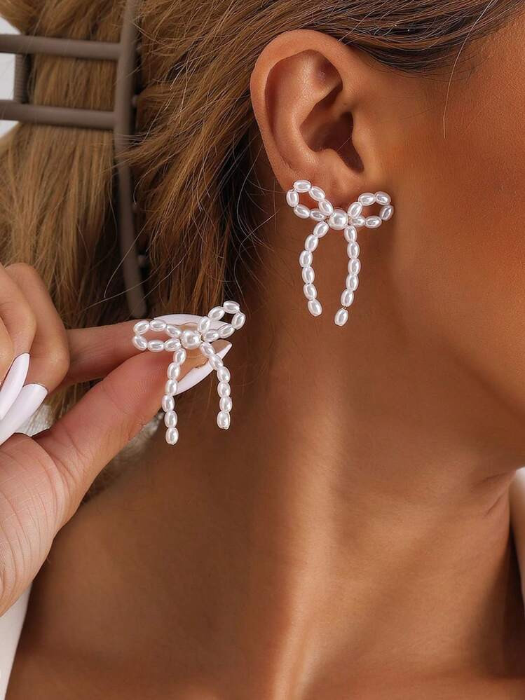1pair Simple & Sweet Vintage Design Pearl Bow Earrings Valentines | SHEIN