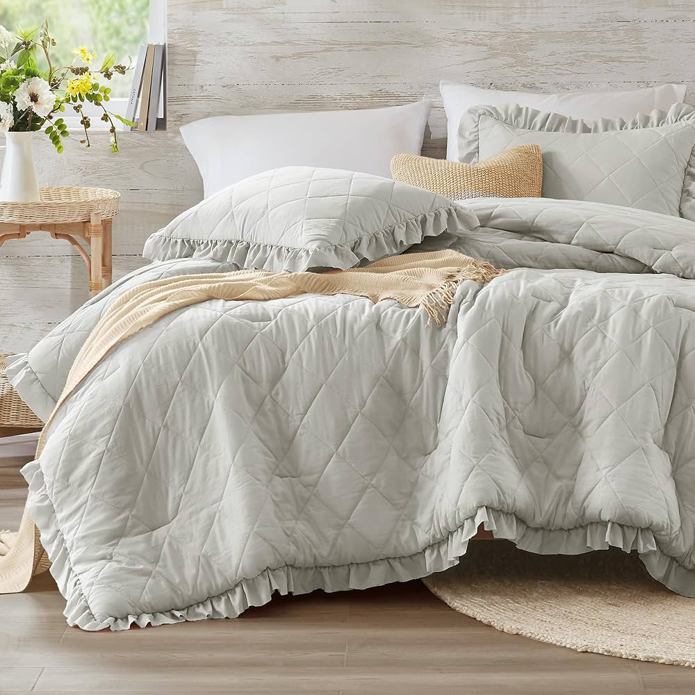 Degrees of Comfort Gray Ruffle Bedding Set, Shabby Chic Farmhouse King Size Comforter, Boho Fluff... | Amazon (US)