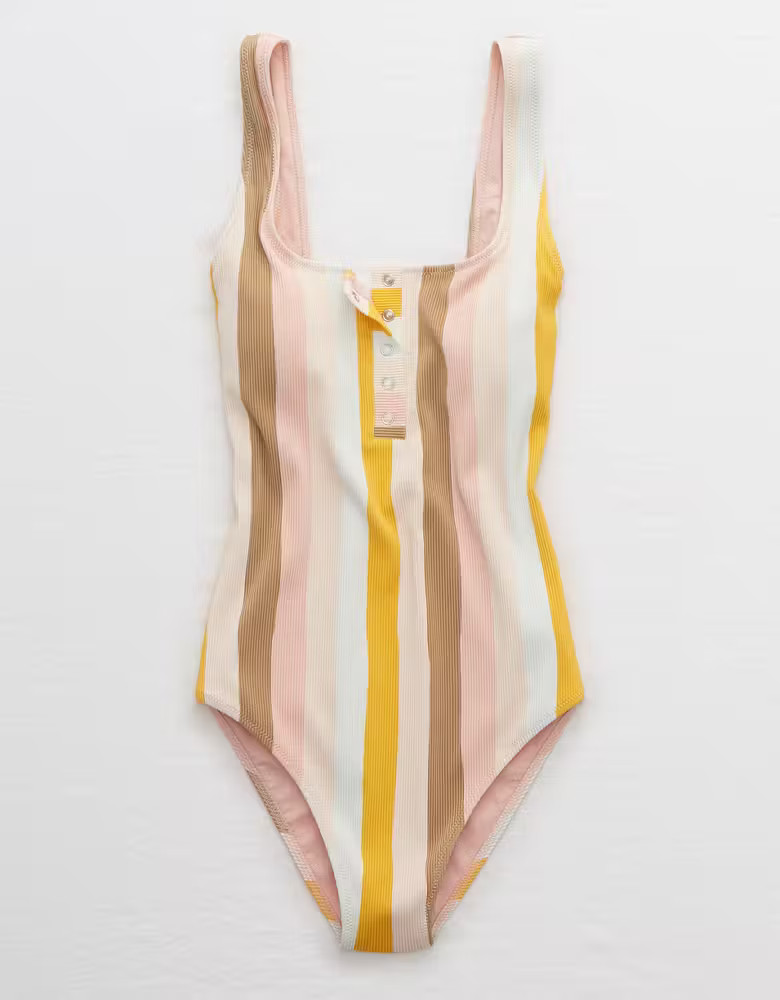 Aerie Ribbed Henley One Piece Swimsuit | American Eagle Outfitters (US & CA)