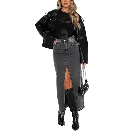 lisenraIn Women Long Denim Skirt Front Slit Maxi Skirt Y2K Fashion Streetwear High Waist Jean Skirt with Pockets (Dark Grey, S) | Amazon (US)