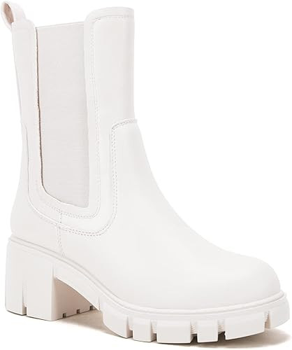 TINSTREE Women's Lug Sole Platform Boots Mid Calf Elastic Chunky Block Heel Leather Chelsea Booti... | Amazon (US)