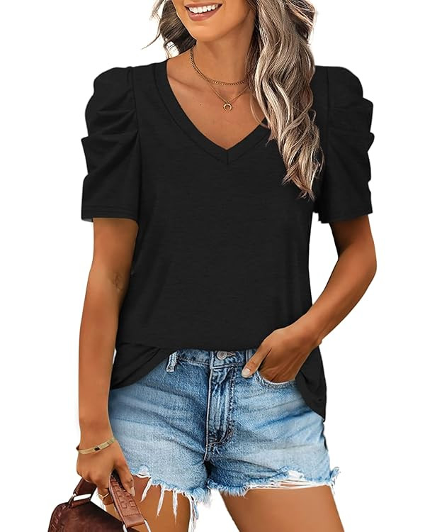 XIEERDUO Womens Summer Shirt V Neck Casual Tshirts Puff Sleeve Tops for Women Solid Color XS-3XL | Amazon (US)