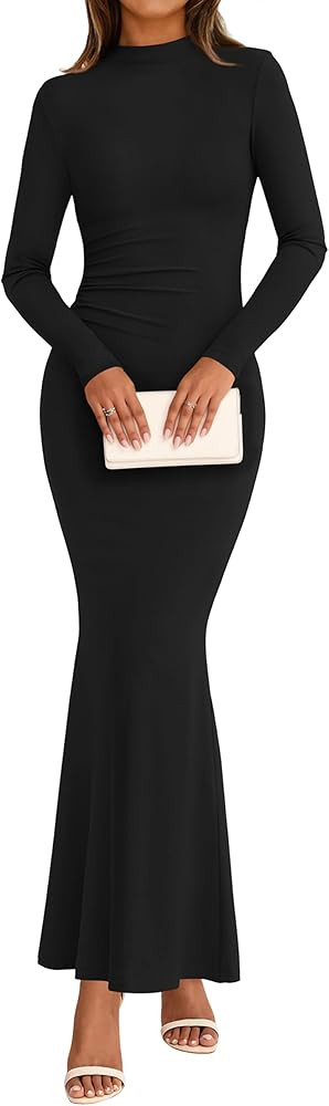 dowerme Fall Dresses for Women 2025 Formal Mock Neck Long Sleeve Ruched Knit Bodycon Mermaid Maxi... | Amazon (US)