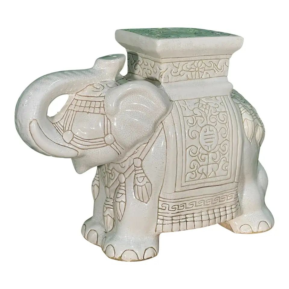 Ceramic Chinoiserie Elephant Garden Stool With Trunk Up | 1stDibs