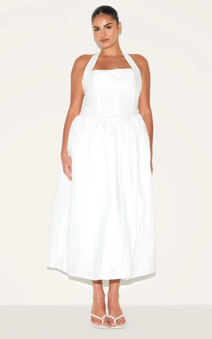 White PrettyLittleThing Embroidered Cotton Halterneck Midaxi Dress | Boohoo USA | boohoo (US & Canada)