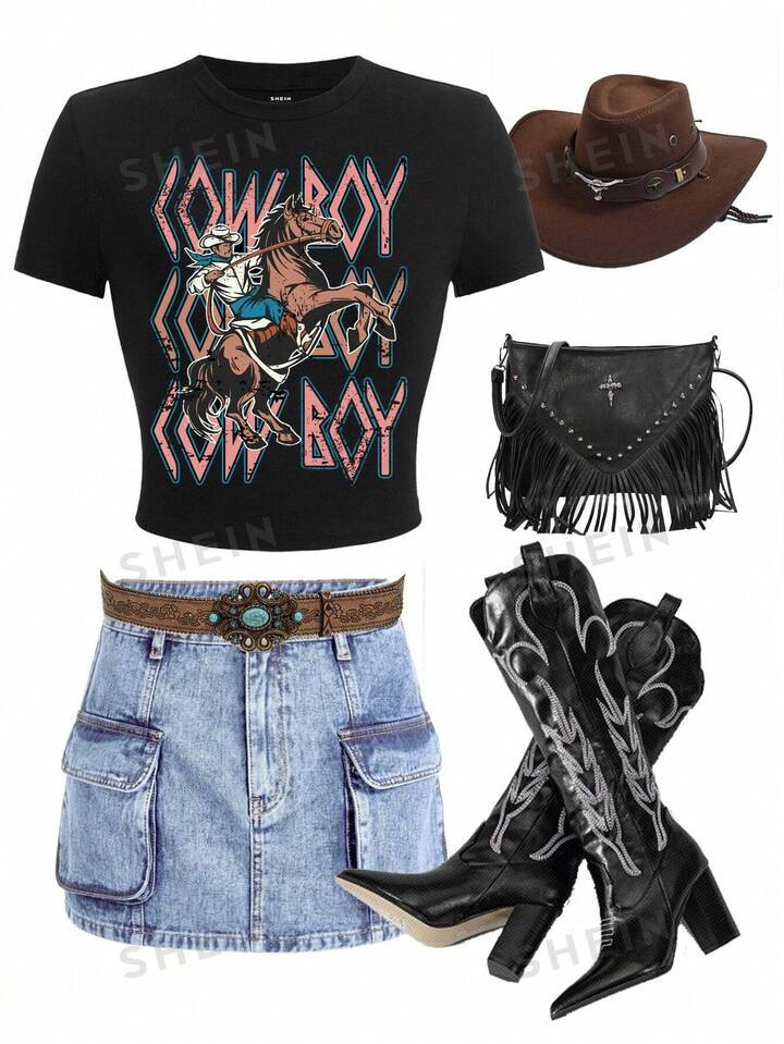 SHEIN Essnce Music Festival Clothing Horse Riding Pattern Casual Short Tight T-Shirt With Round N... | SHEIN