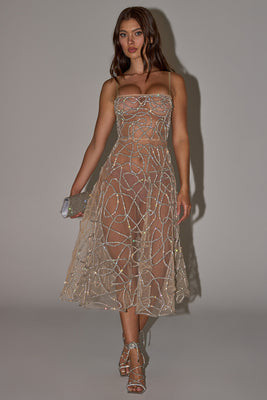 AKIRA Right This Way Rhinestone Midi Dress In Nude | Size Medium | AKIRA