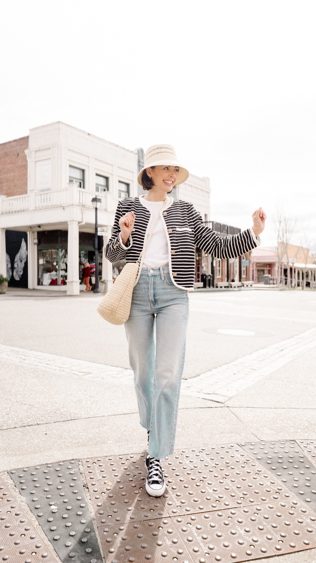 I just found a new version of this gene for $100 less than the original. The style from MOTHER , in this photo,  sold out on every website when I first shared it a few years ago. You bought hundreds of  until it’s sold out. This is the gene that goes with any shoe and also comes in petite lengths. It was recently restocked in a brighter blue but if you are looking for this faded vintage wash try this look for less. It has all the same fit measurements and it’s even available in petite and tall sizes.