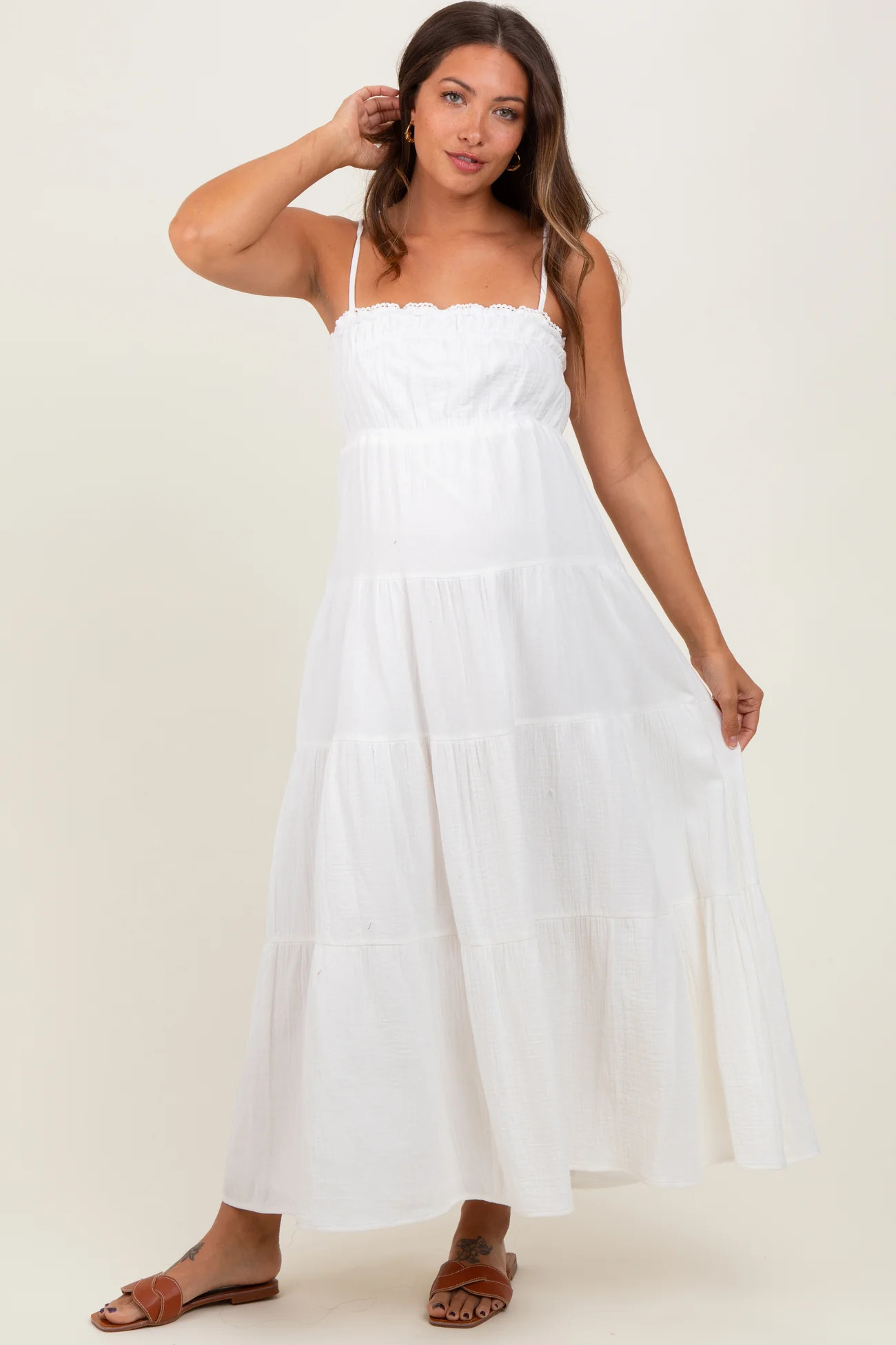 Ivory Crochet Trim Tiered Maternity Maxi Dress | PinkBlush Maternity