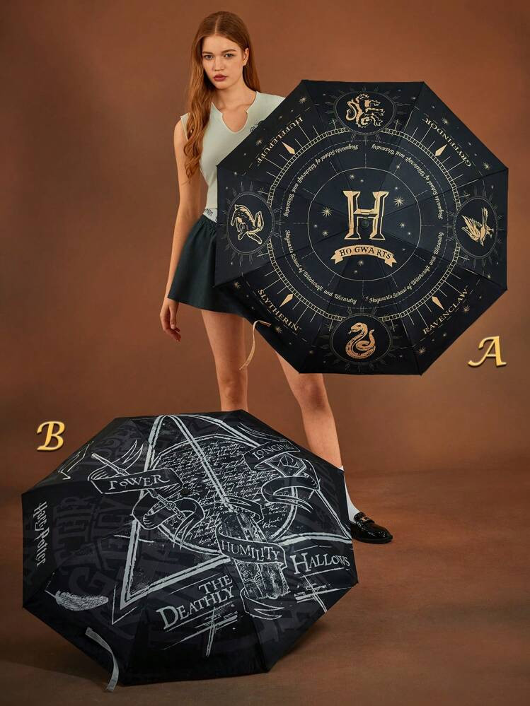 HARRY POTTER X SHEIN 1 Pc Deathly Hallows, Magic Pattern Printed Automatic Opening And Closing Umbrella With Sun Protection Function, Suitable For School, Work, Outings, And Daily Use, Designed For College Students, High School Students, And Women, Back To School | SHEIN