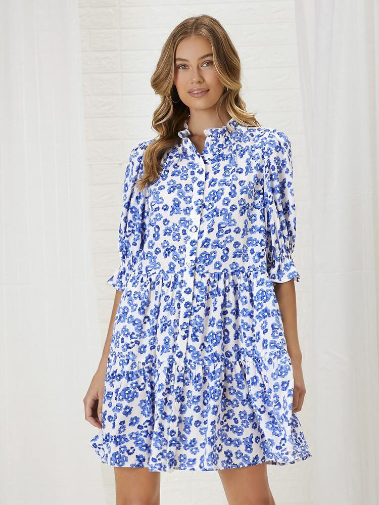 SHEIN Allover Floral Print Puff Sleeve Smock Dress | SHEIN
