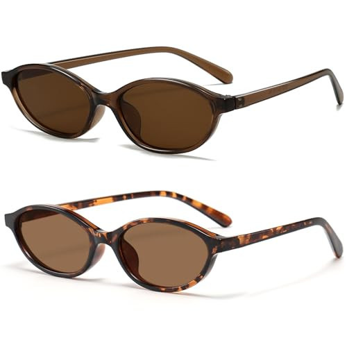 Breaksun Retro Oval Sunglasses for Women Trendy Oval Narrow Cat Eye Sunnies 90s Vintage Shades (Brown/Brown+ Brown Leopard/Brown) | Amazon (US)