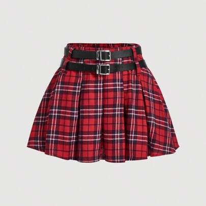 1pc Red & Black Plaid Pleated Low Waist Mini Skirt, Comes With 2pcs Leather Belt, Holiday Skirt, Women Outfits | SHEIN