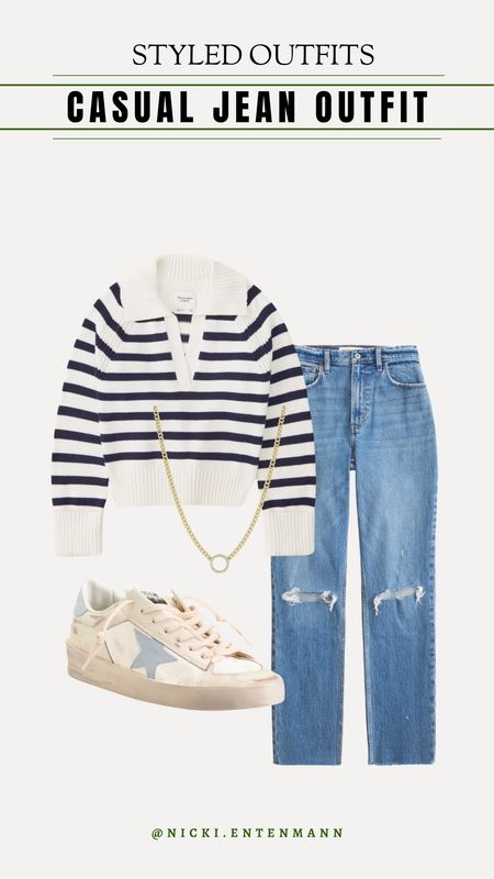 Casual jeans outfit for the busy mom! Love my Abercrombie jeans and Golden Goose sneakers for those days on the go! 

Casual jean outfits, jeans for a pear shape, Abercrombie and Fitch, styled outfits, striped top and jeans, nicki entenmann 

#LTKstyletip #LTKSeasonal