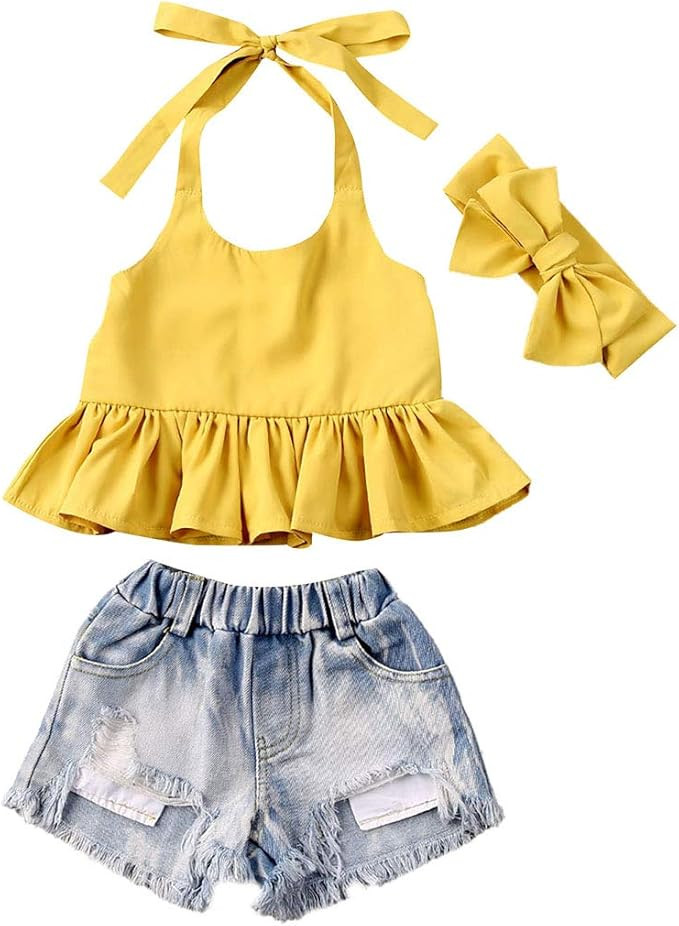 Fashion Kids Toddler Baby Girl Summer Outfit Sleeveless Halter Top + Denim Shorts Clothes Set | Amazon (US)